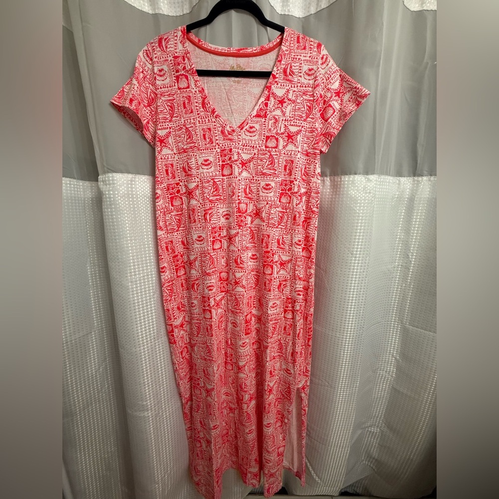 Lilly Pulitzer Coral-Pink Patterned V-Neck Maxi Dress